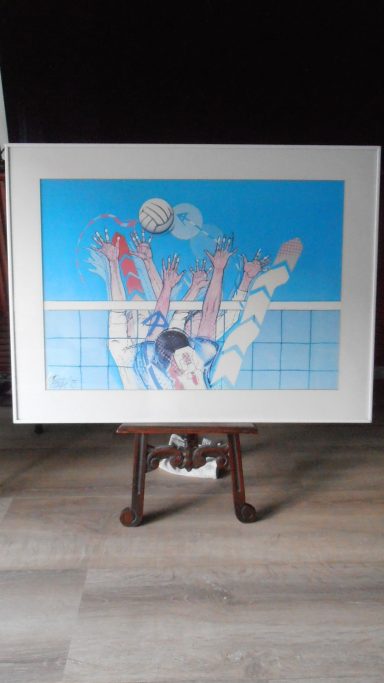 Abstracte kunst met vrolijke kleuren en speelse vormen van handen en ballen.